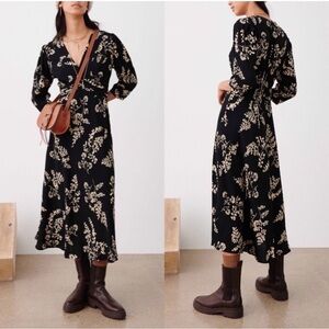 BA&SH Soa Black Floral Print Midi Dress Sz 8